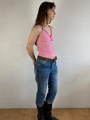 Top Vintage Front Print  Summer White Pink Elastic Slim Fit Women – S