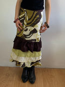 Skirt Vintage Y2K Brown Cream Yellow Ochre Patterned Cotton-Blend Women – S