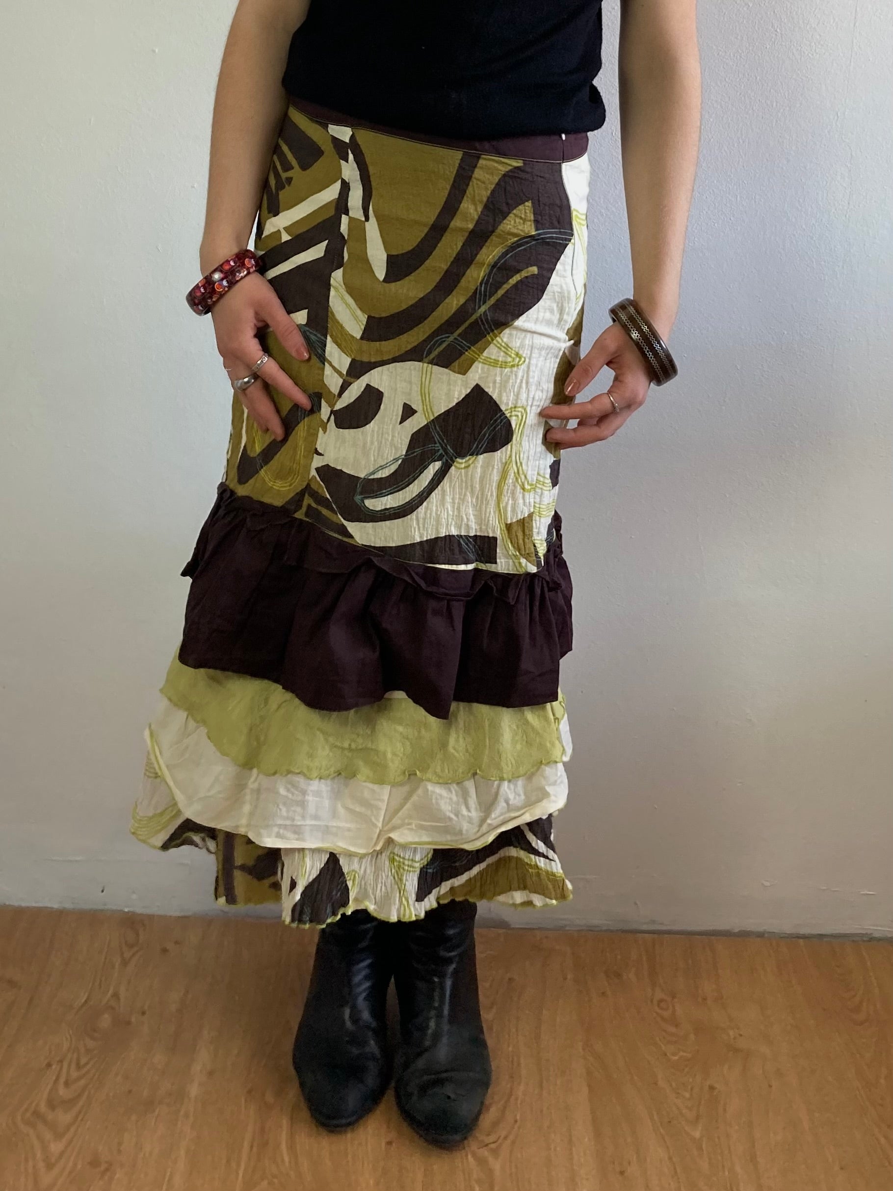 Skirt Vintage Y2K Brown Cream Yellow Ochre Patterned Cotton-Blend Women – S
