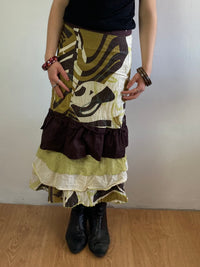 Skirt Vintage Y2K Brown Cream Yellow Ochre Patterned Cotton-Blend Women – S
