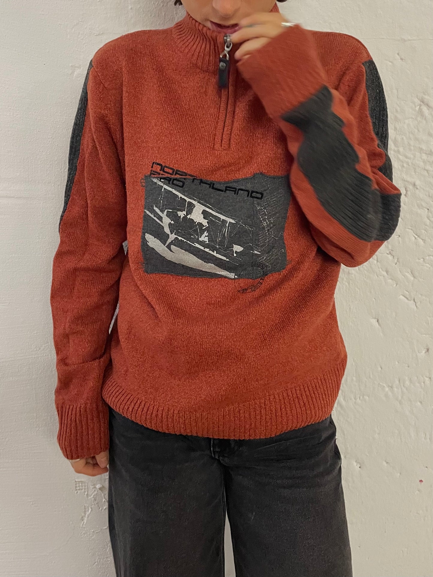 Vintage Wool Zip Pullover Orange Front Pattern – S