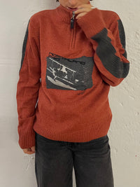 Vintage Wool Zip Pullover Orange Front Pattern – S