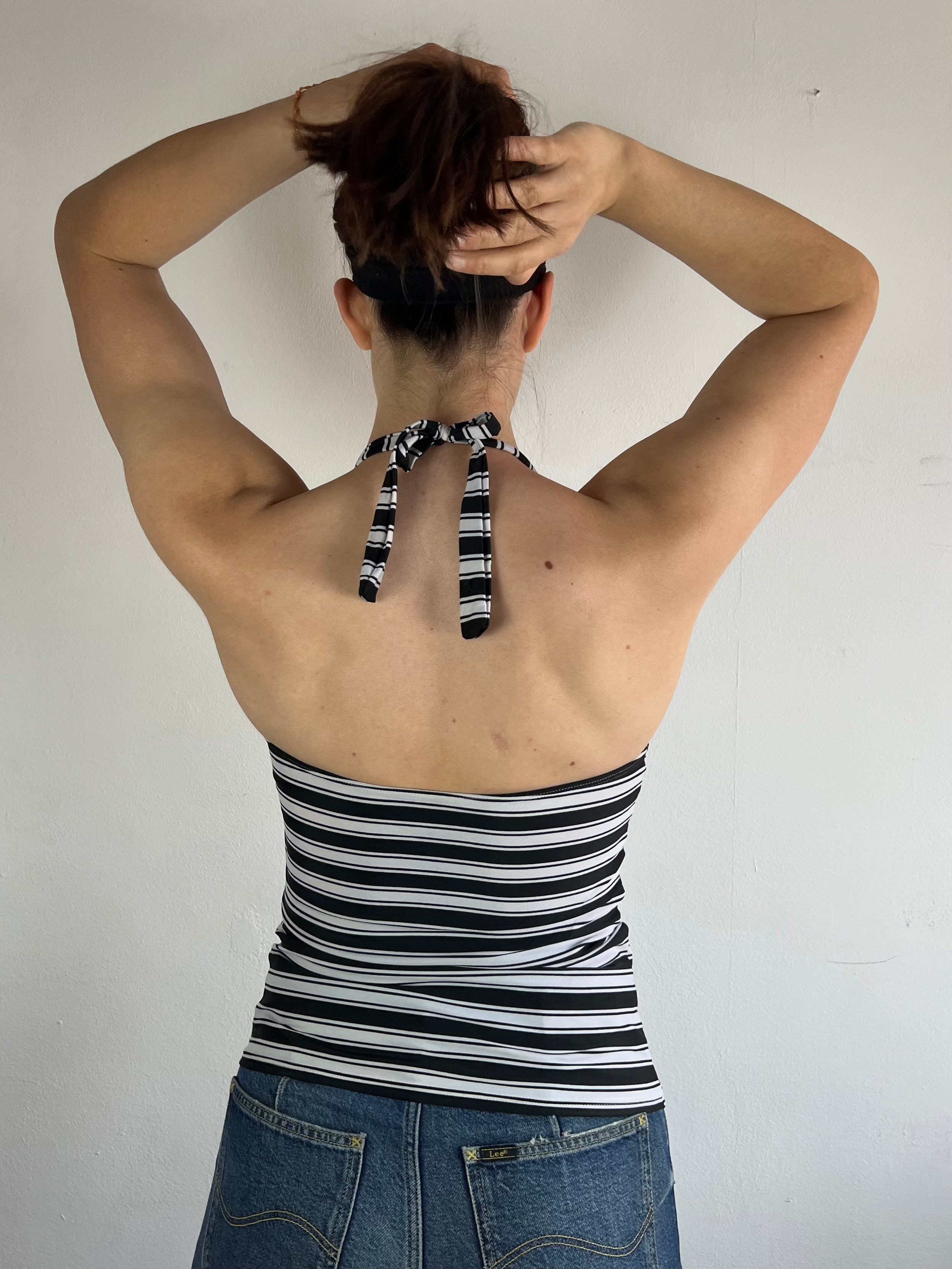 Tank Top Vintage Striped Collar Black White Summer – M