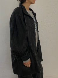 Vintage Leather Jacket Puff Sleeves Oversized Black – L