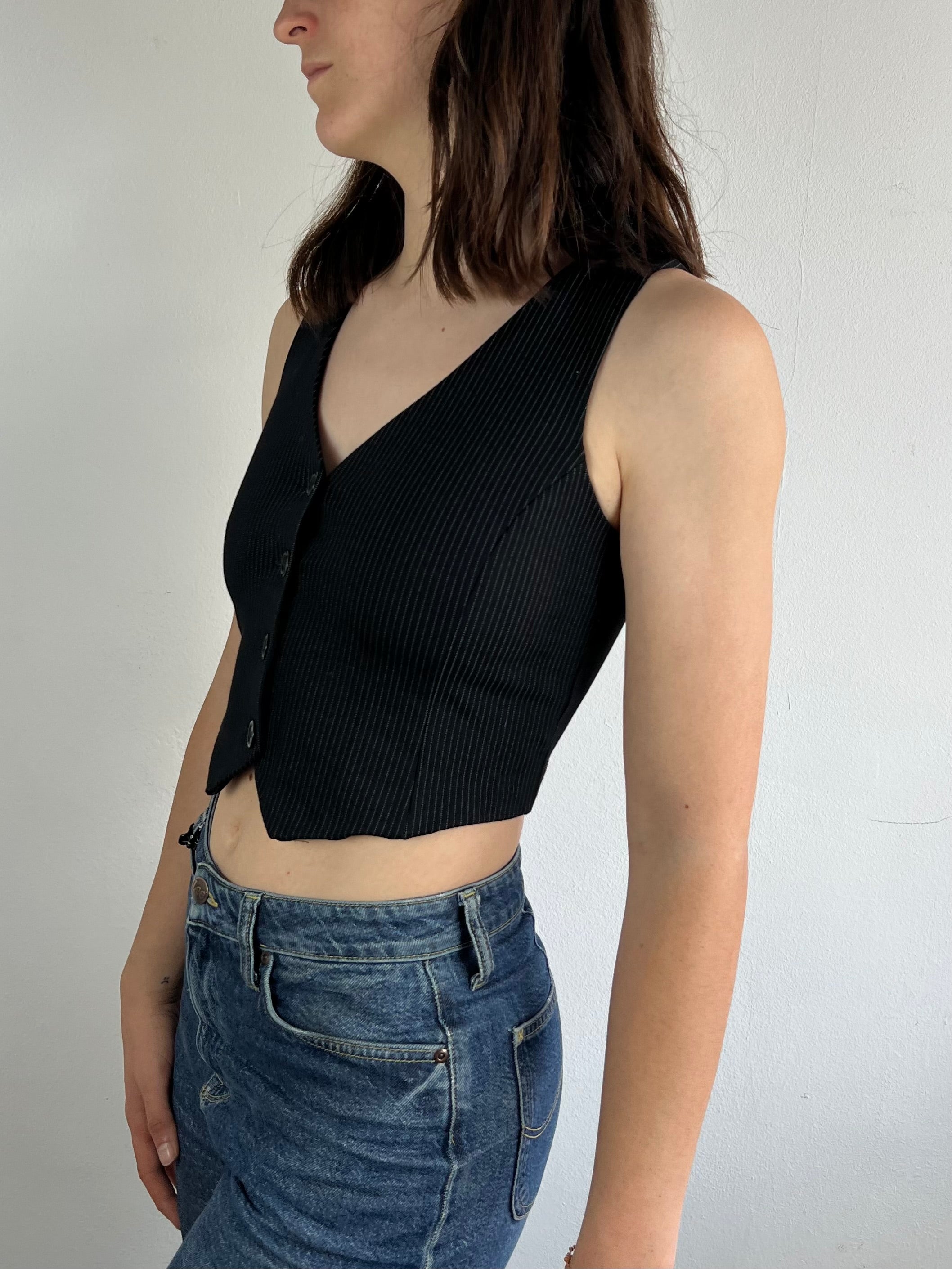 Tank Top Vintage Striped Button Detail Black White – M