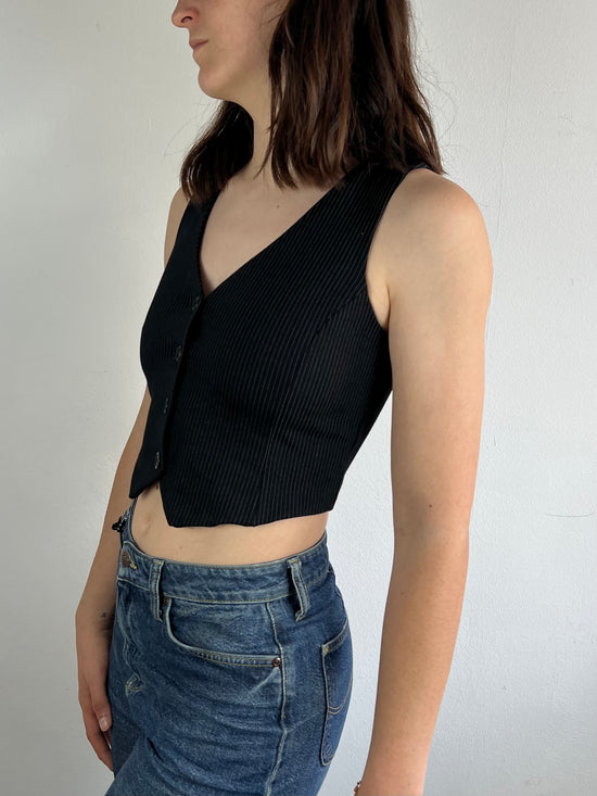 Tank Top Vintage Striped Button Detail Black White – M