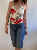 Top Vintage Y2K Floral Glitter Cream Side Lace Adjustable Strings Women – M