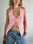 Tank Top Vintage Floral Cropped Summer Pink – M