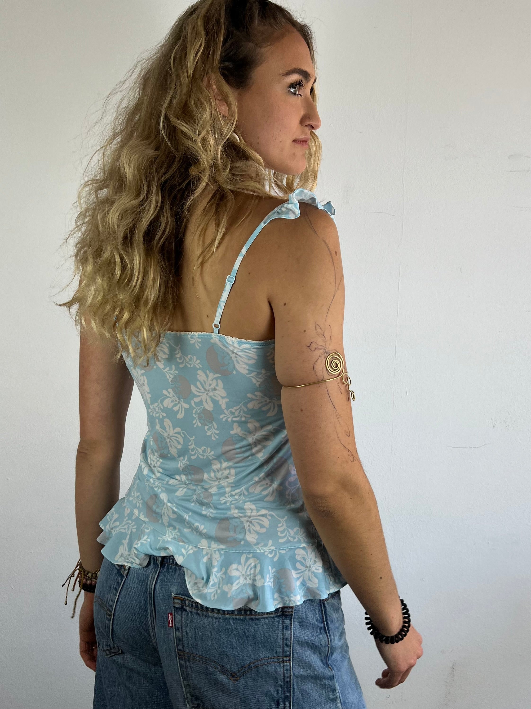 Top Vintage ELLE Lace Ruffle Floral Sheer Blue Summer – M