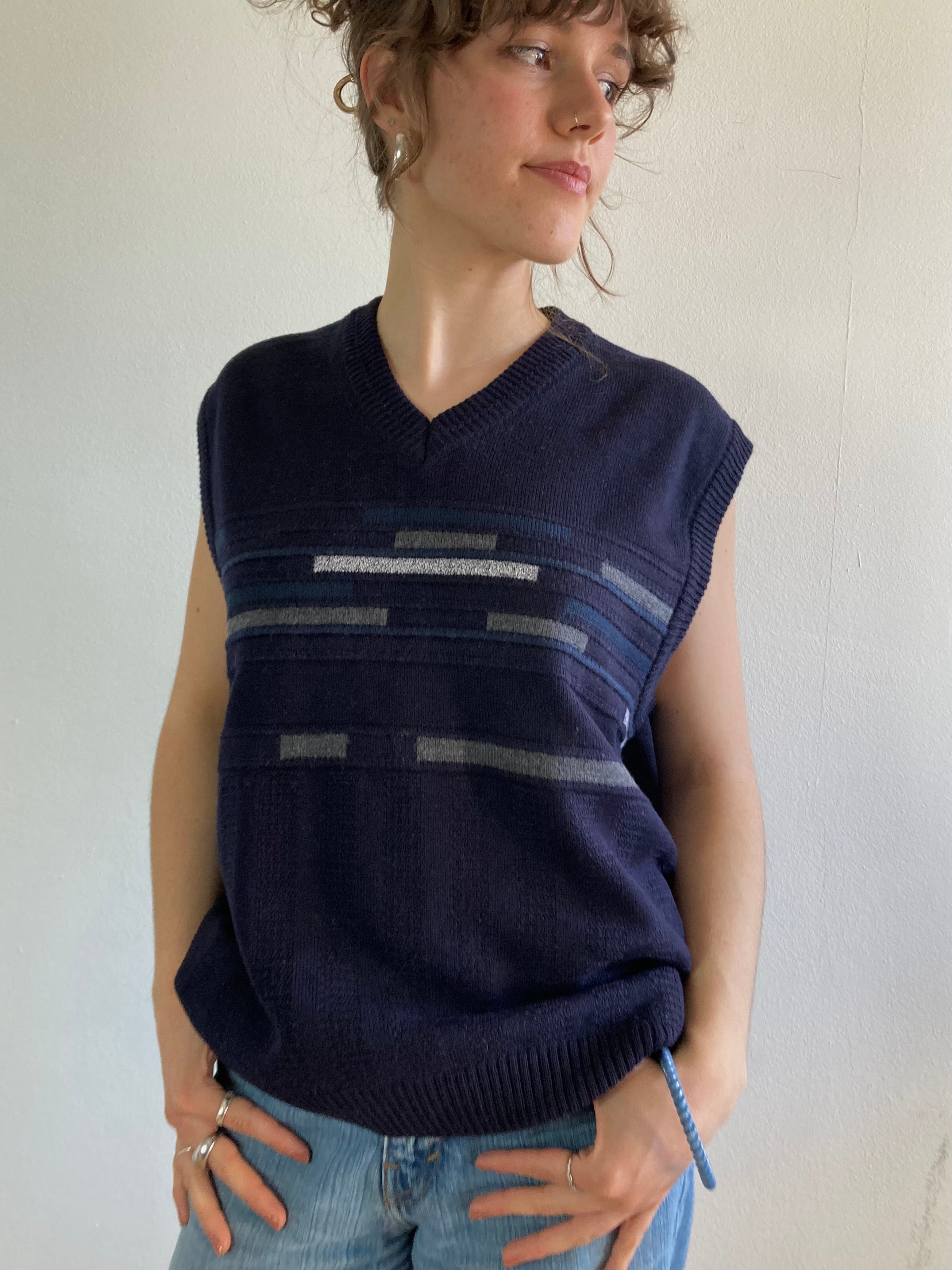 Sweater Wool Vest Vintage Dark Blue Layering Oversized Unisex – M