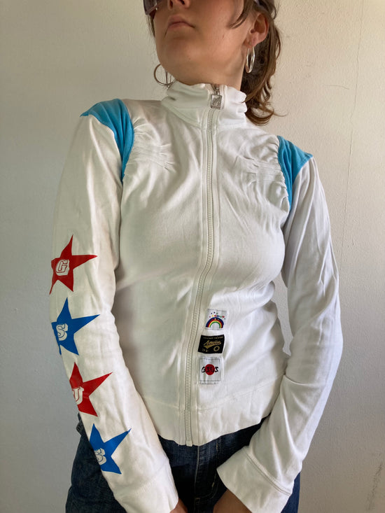 Track Jacket Vintage White Blue Patch Detail Slim Fit Unisex – L