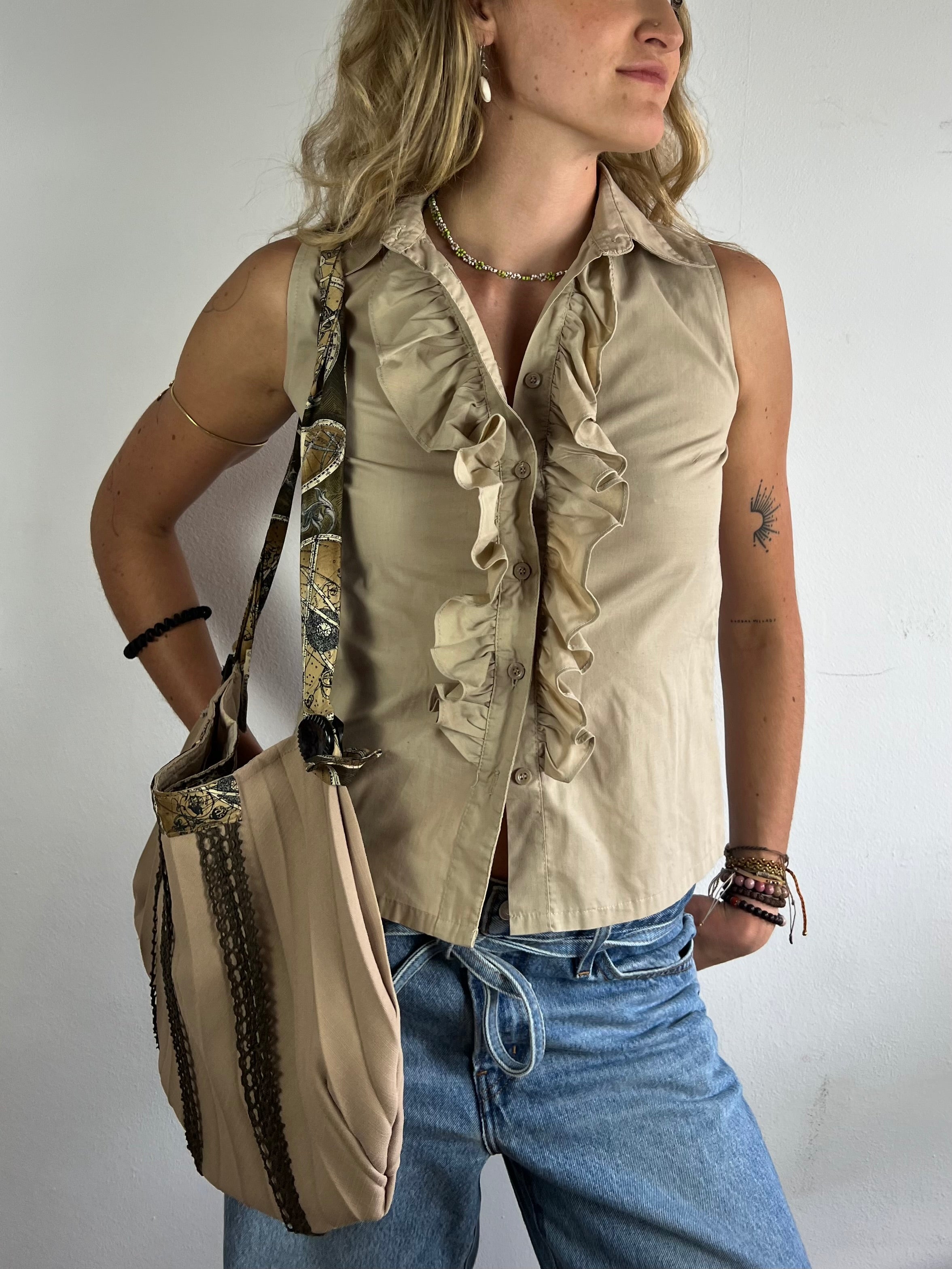 Vest Vintage Summer Top Beige Cream Sleeveless – S