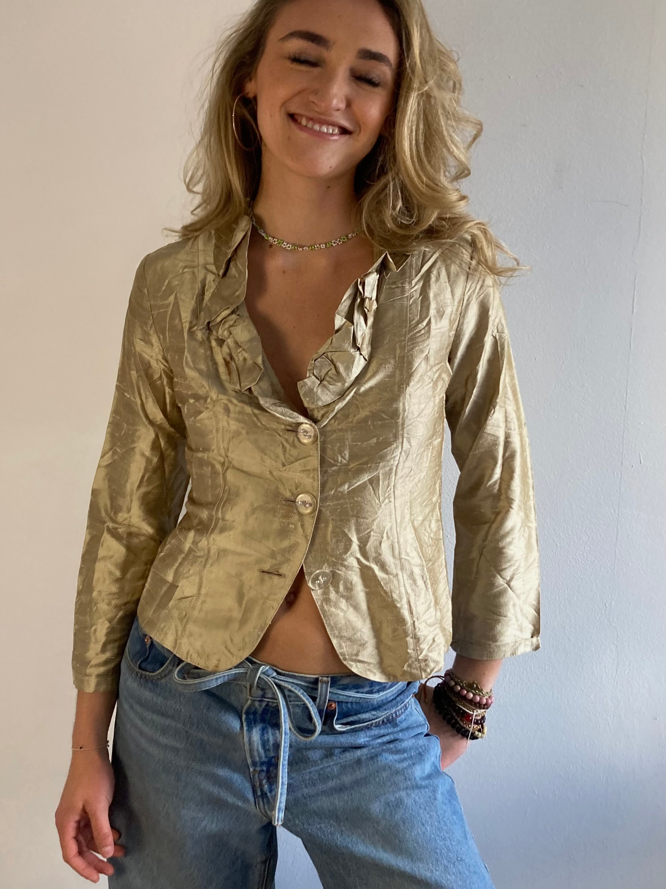Blouse 100% SIlk Vintage Gold Front Details Made in Italy Elegant Women – M