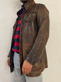 Vintage Long Leather Coat Brown Front Pockets – L/XL