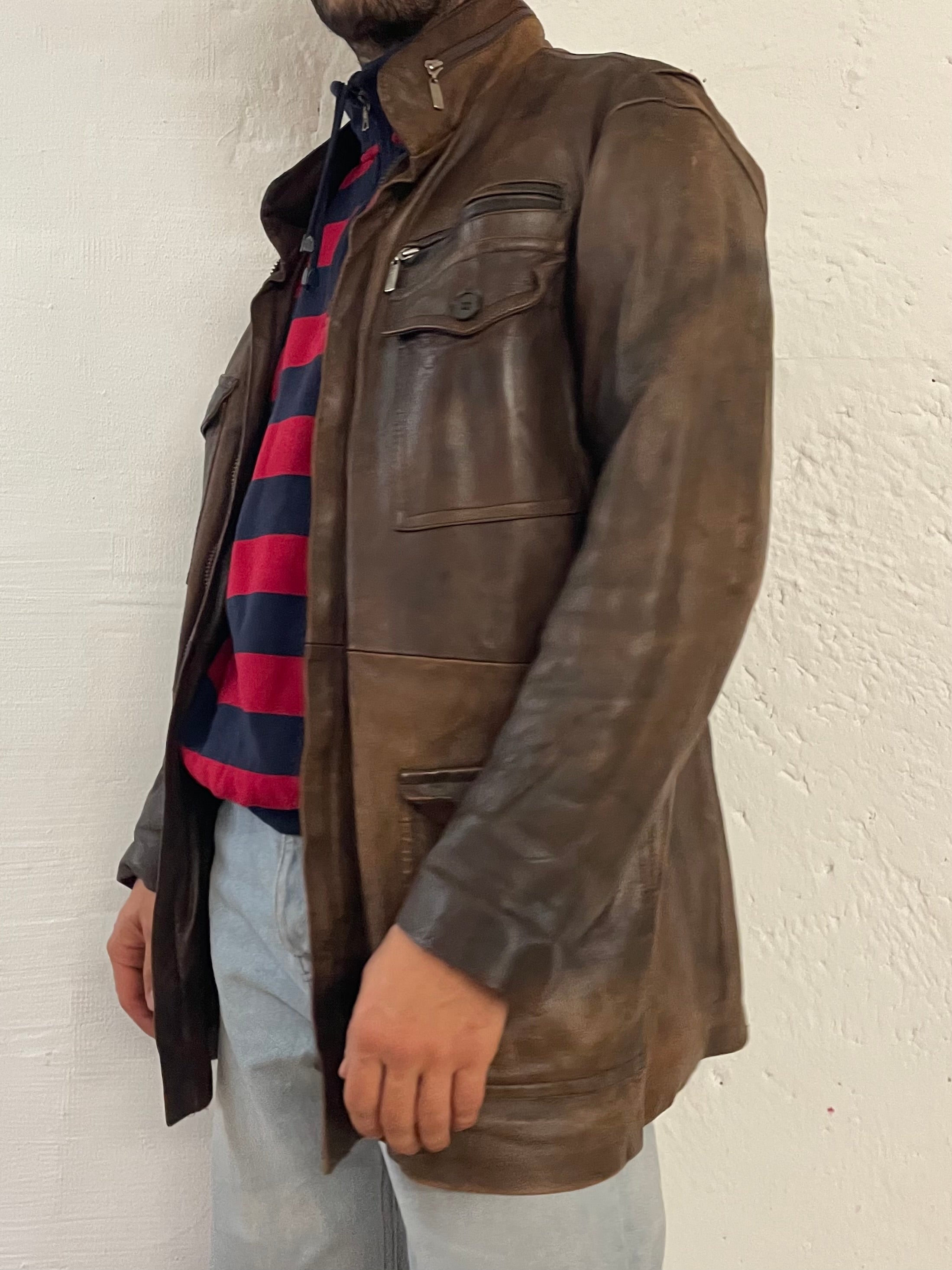 Vintage Long Leather Coat Brown Front Pockets – L/XL