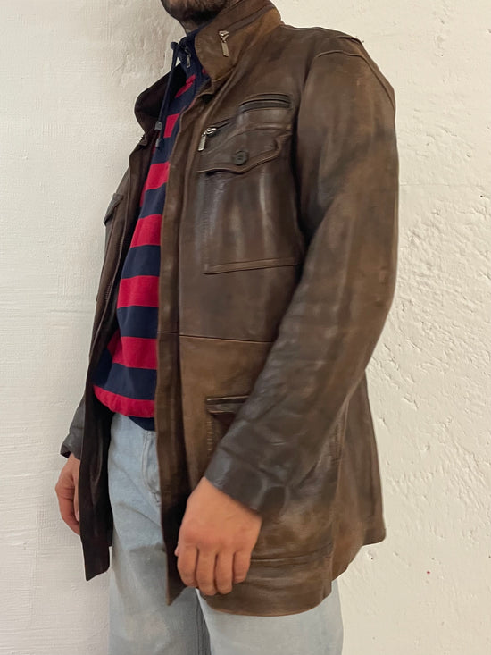 Vintage Long Leather Coat Brown Front Pockets – L/XL