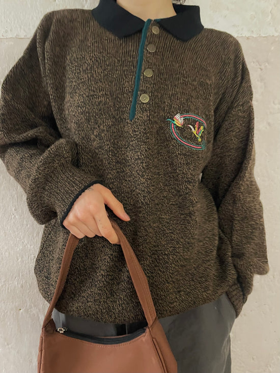 Vintage Wool Blend Oversized Polo Sweater Unisex Brown – M