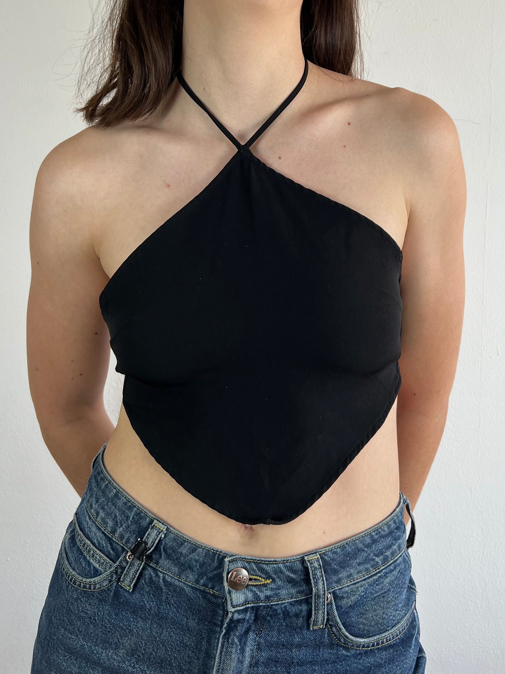 Top Shirt Tie Front Top Black Cotton Blend – S