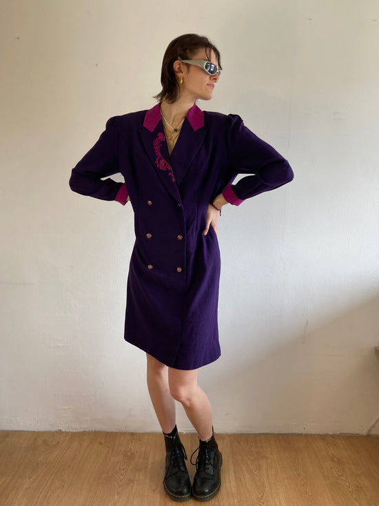 Coat Vintage Purple Floral Embroidered Collar Trench Women – M