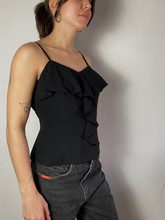 Spaghetti Top Vintage Y2K Glitter Black Women – S