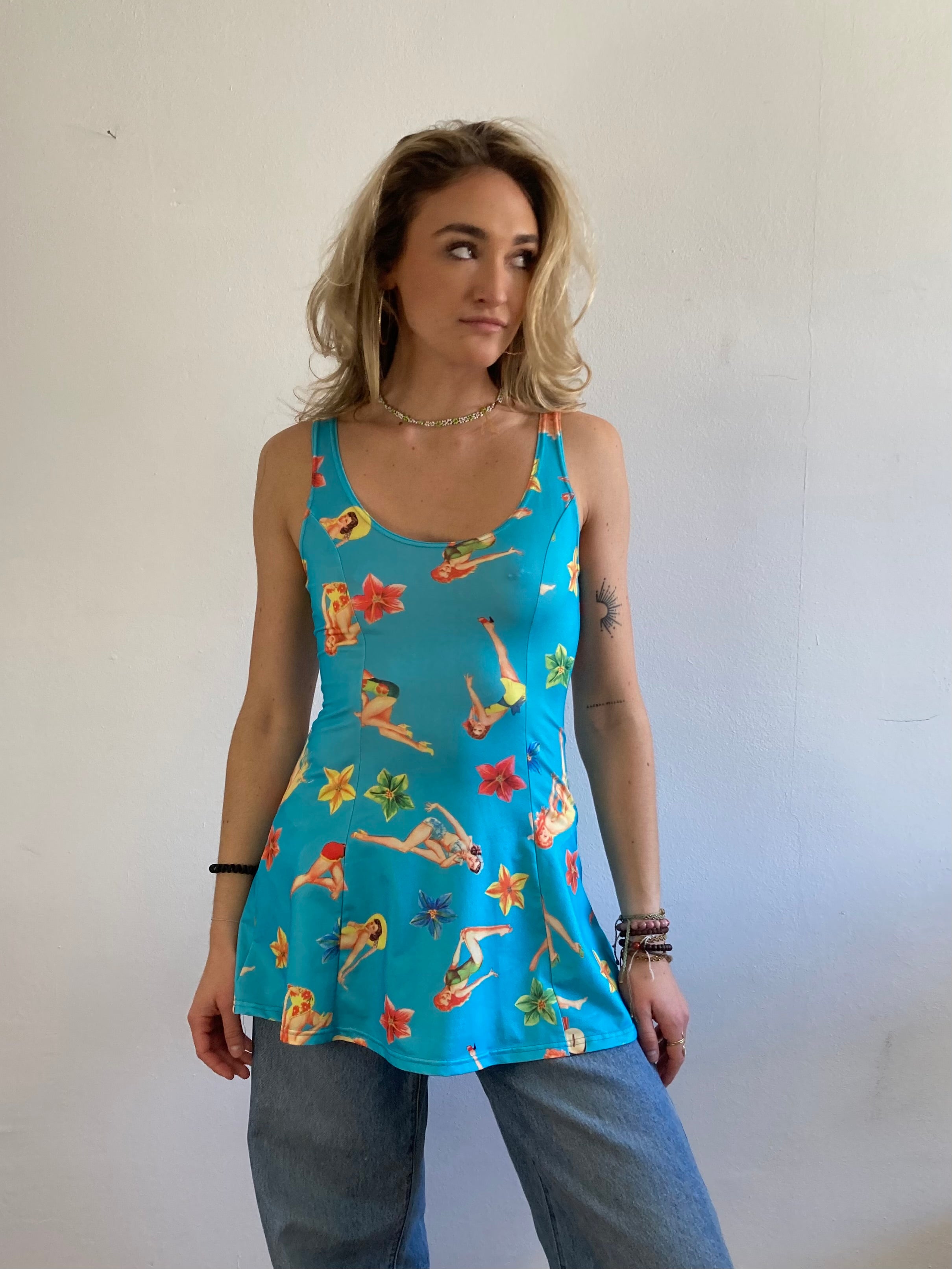 Dress Vintage Layering Blue 80s Print Skirt  – S/M