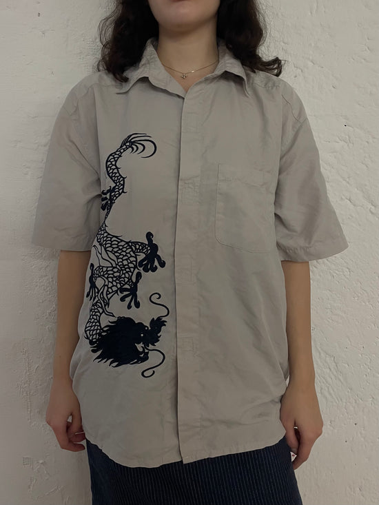 Vintage Hawaii Shirt Grey Dragon Patch & Short Sleeve – L