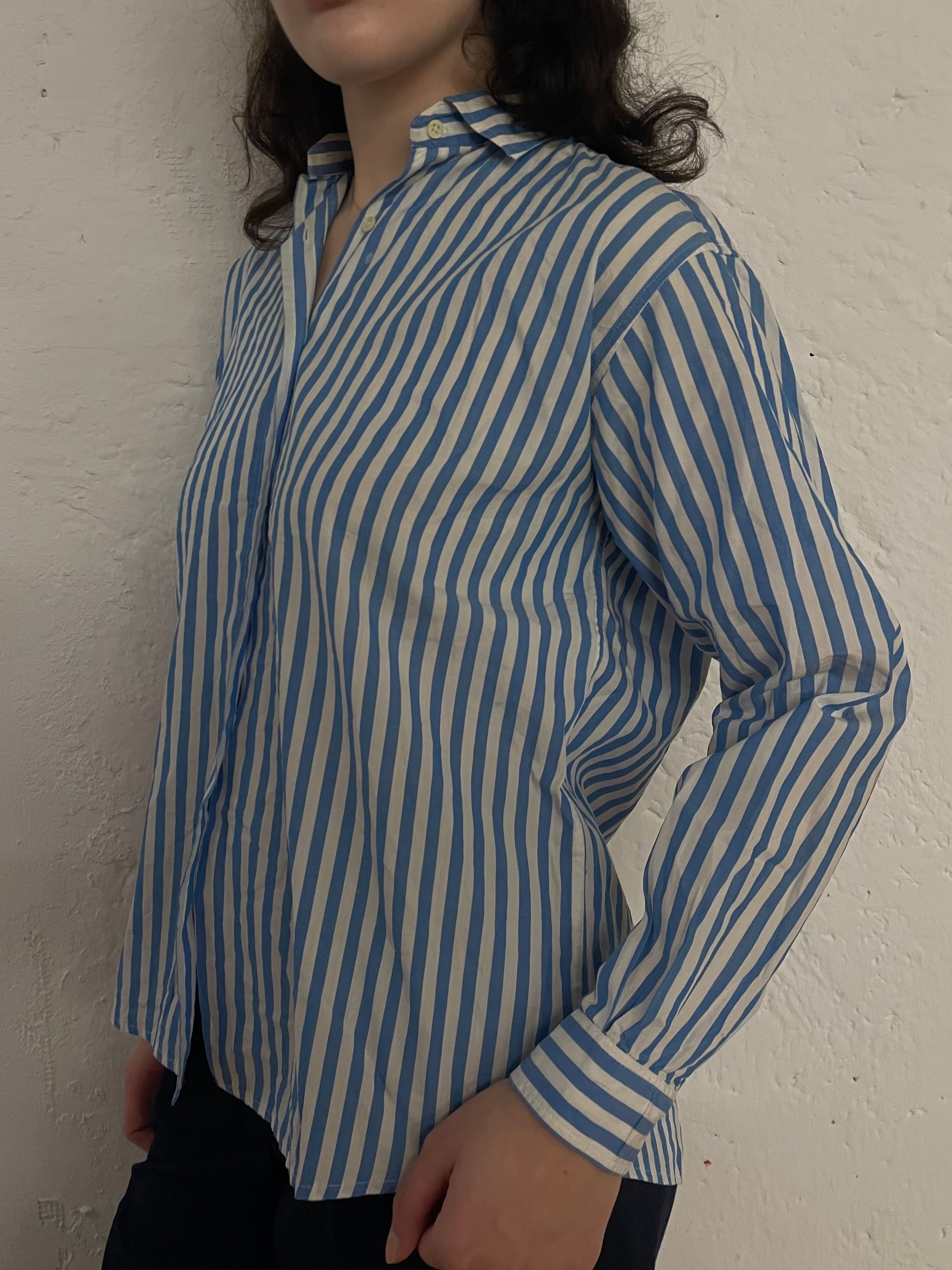 Vintage Shirt Blue White Striped Unisex – M