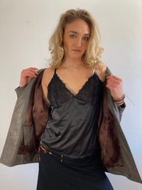 Lederjacke Vintage Y2K Oversized Unisex Grau/Braun Plush Shoulders Statement Piece – M