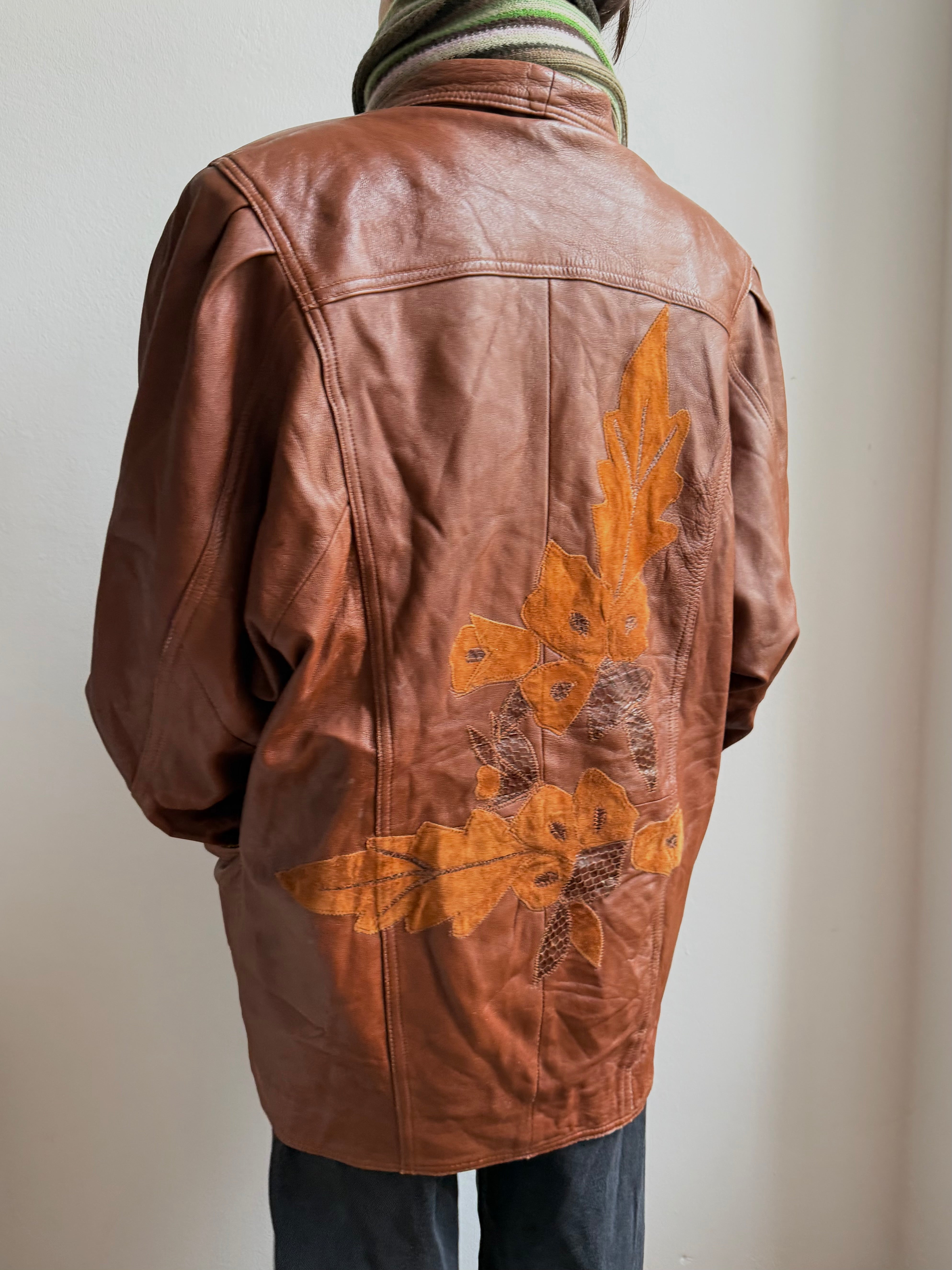 Vintage Leatherjacket with Puffed Sleeves Brown Unisex - M