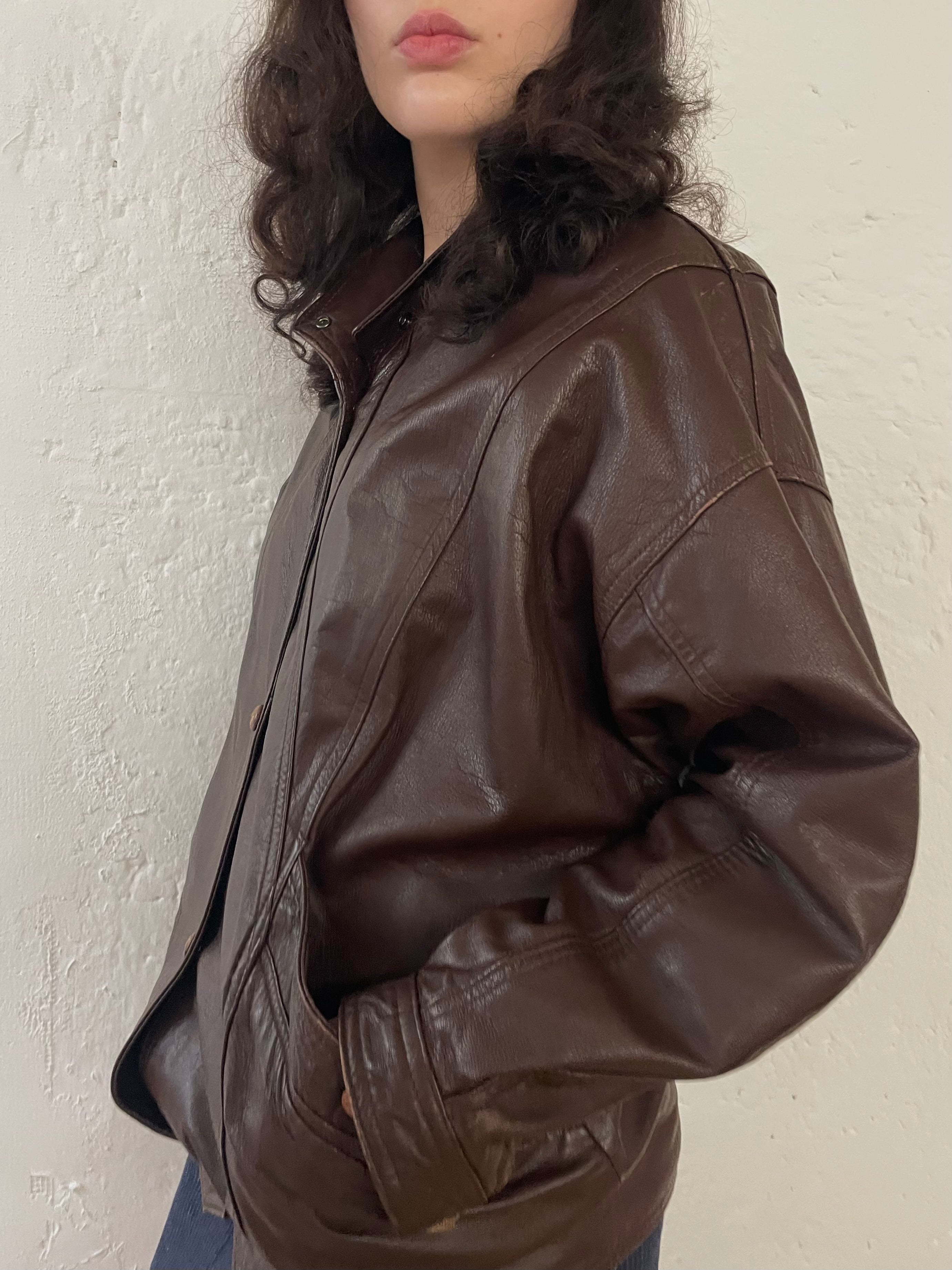 Vintage Oversized Leather Jacket Chocolate Brown Puff Sleeves – M