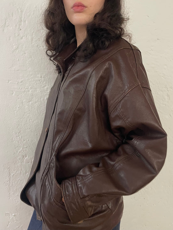 Vintage Oversized Leather Jacket Chocolate Brown Puff Sleeves – M