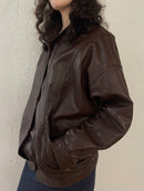 Vintage Oversized Leather Jacket Chocolate Brown Puff Sleeves – M