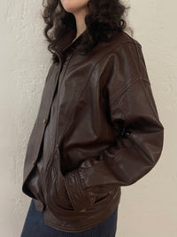 Vintage Oversized Leather Jacket Chocolate Brown Puff Sleeves – M