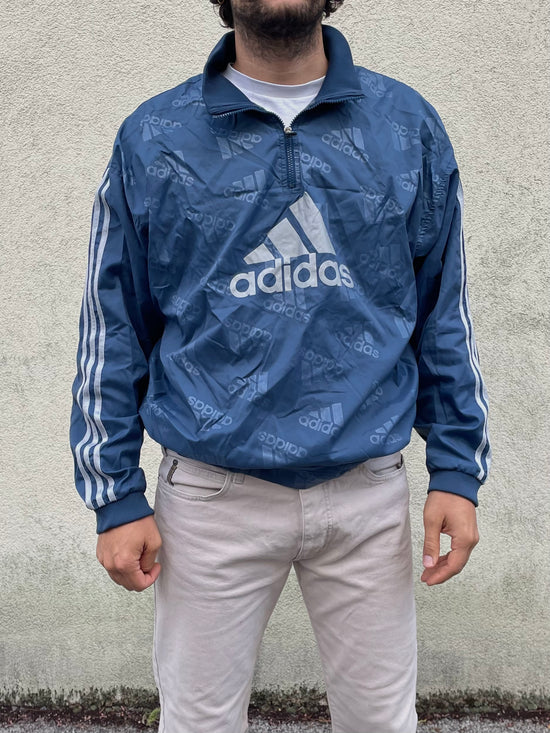 Vintage Adidas Windbreaker Sweater Blue Large Logo on Chest – L
