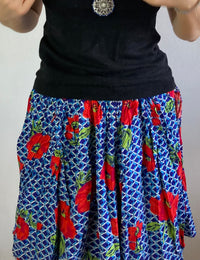 Skirt Vintage Blue Red Floral Elastic Waist Layering Women – S