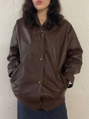 Vintage Oversized Leather Jacket Chocolate Brown Puff Sleeves – M