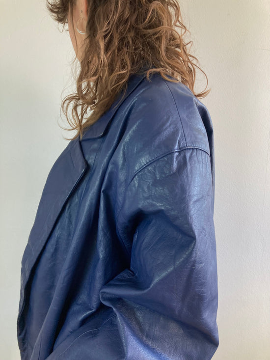 Leather Jacket Vintage Blue Genuine Leather Longsleeve Spring Oversized Unisex – M/L