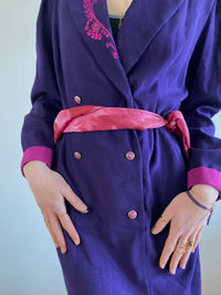 Coat Vintage Purple Floral Embroidered Collar Trench Women – M