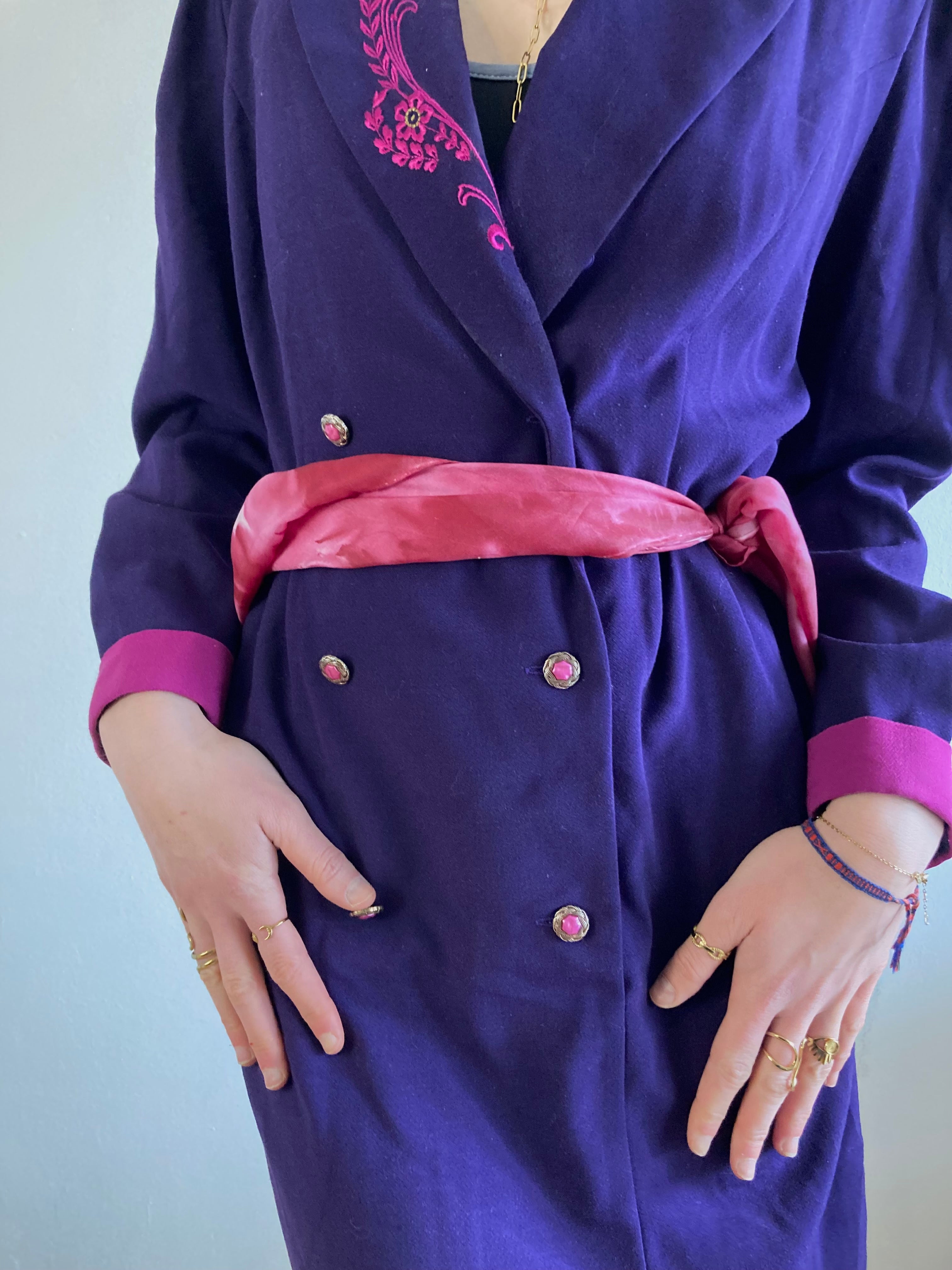 Coat Vintage Purple Floral Embroidered Collar Trench Women – M