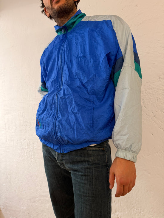 Vintage Track Jacket Blue White & Turquoise Polyester Unisex – L