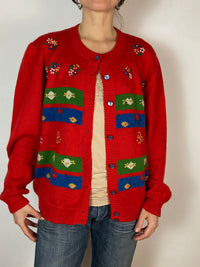 Cardigan Vintage Pattern Front Red Oversized Long Sleeve Women Jacket – M