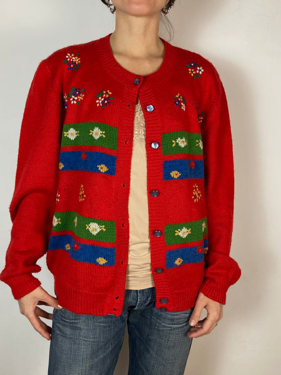 Cardigan Vintage Pattern Front Red Oversized Long Sleeve Women Jacket – M
