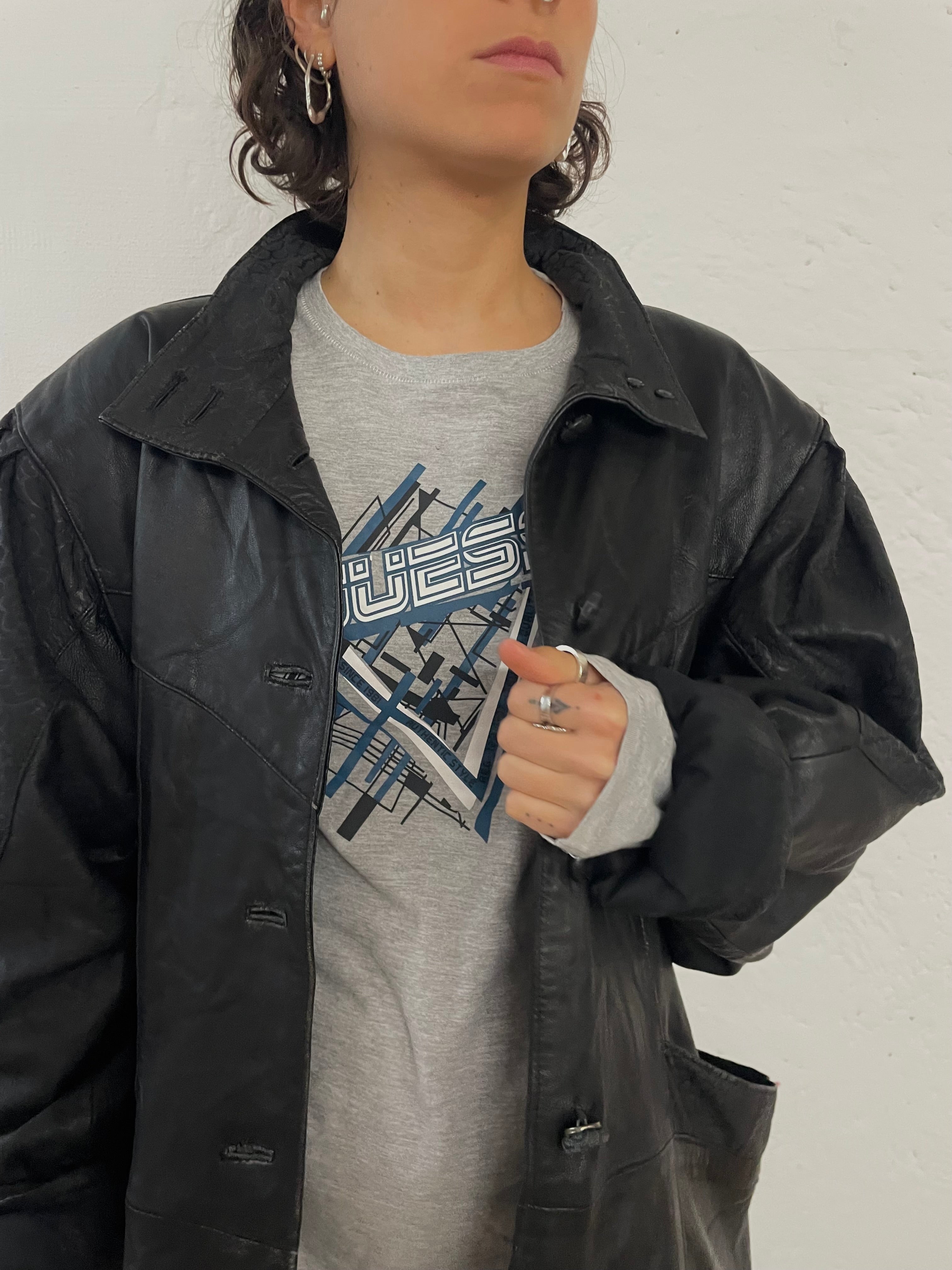 Vintage Leather Jacket Puff Sleeves Oversized Black – L