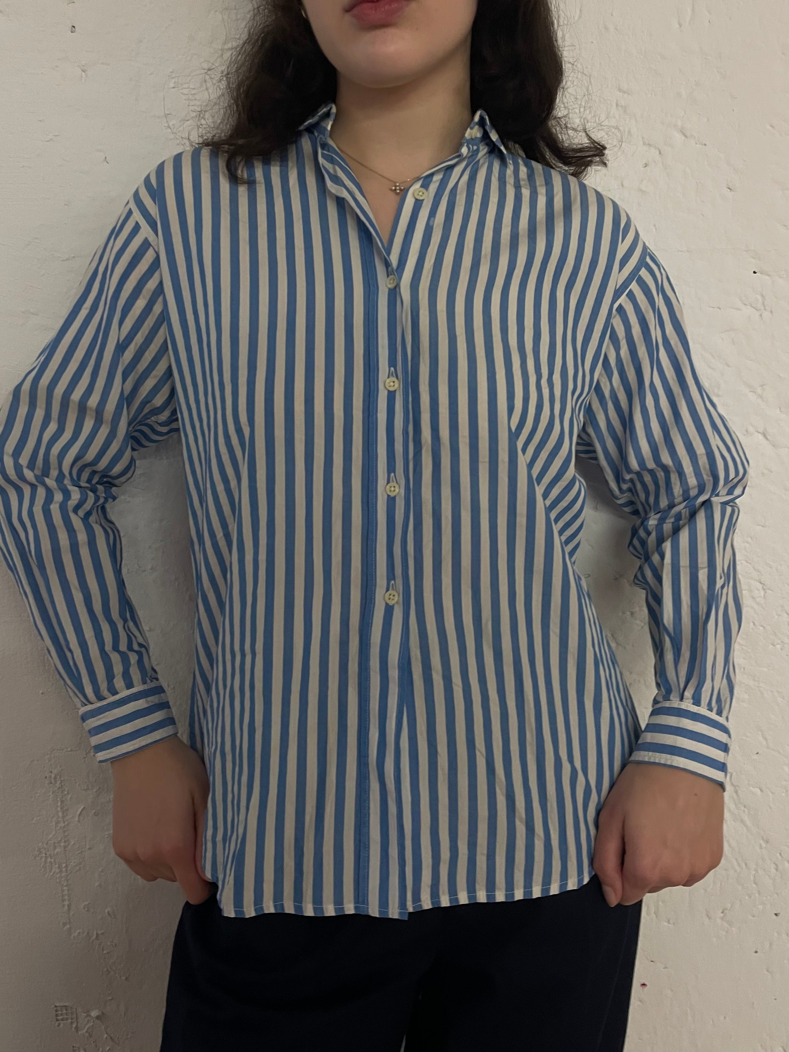 Vintage Shirt Blue White Striped Unisex – M