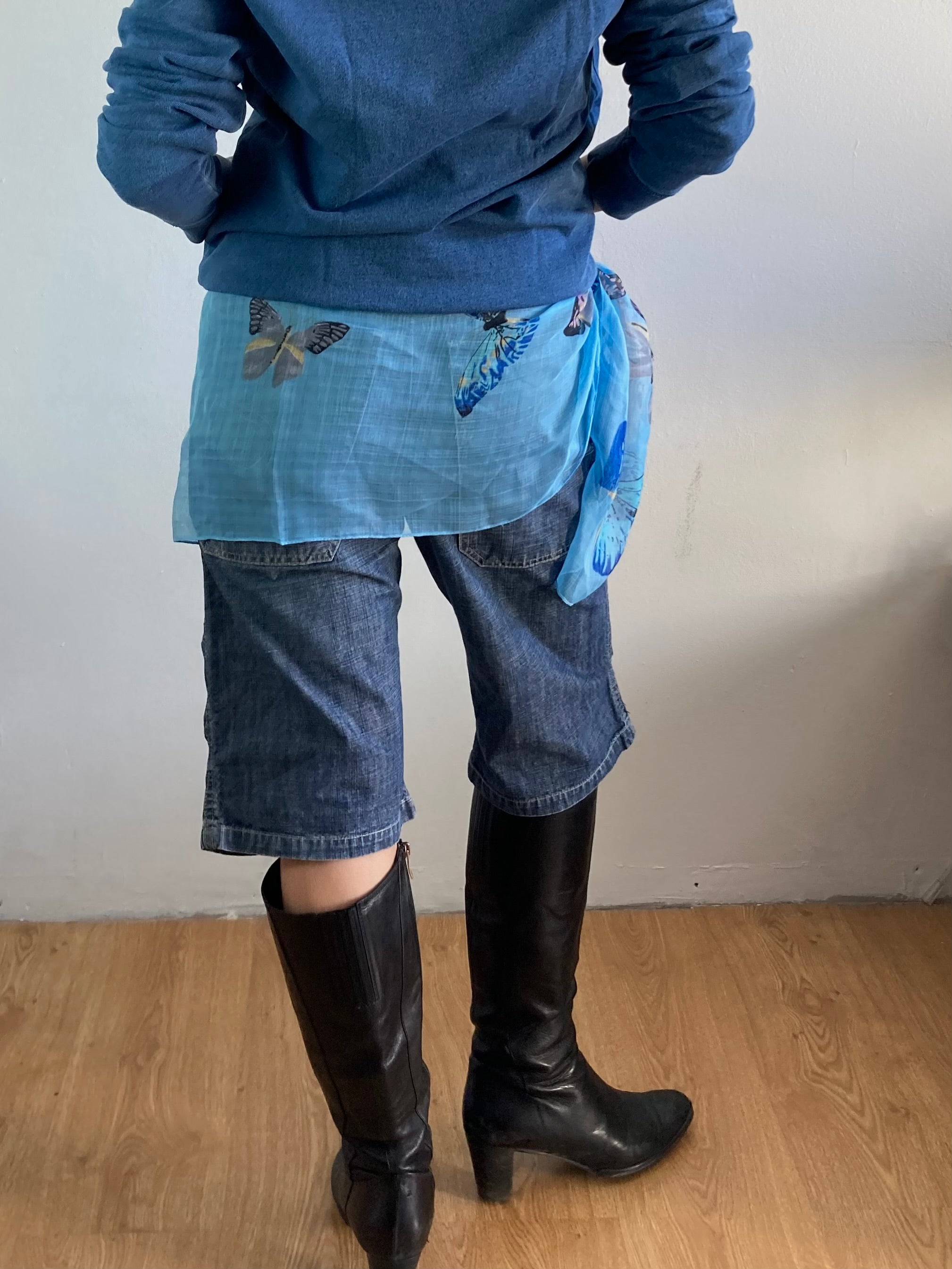 Jeans Vintage Dark Blue Denim 3/4 Pants Pattern Spring Women – S