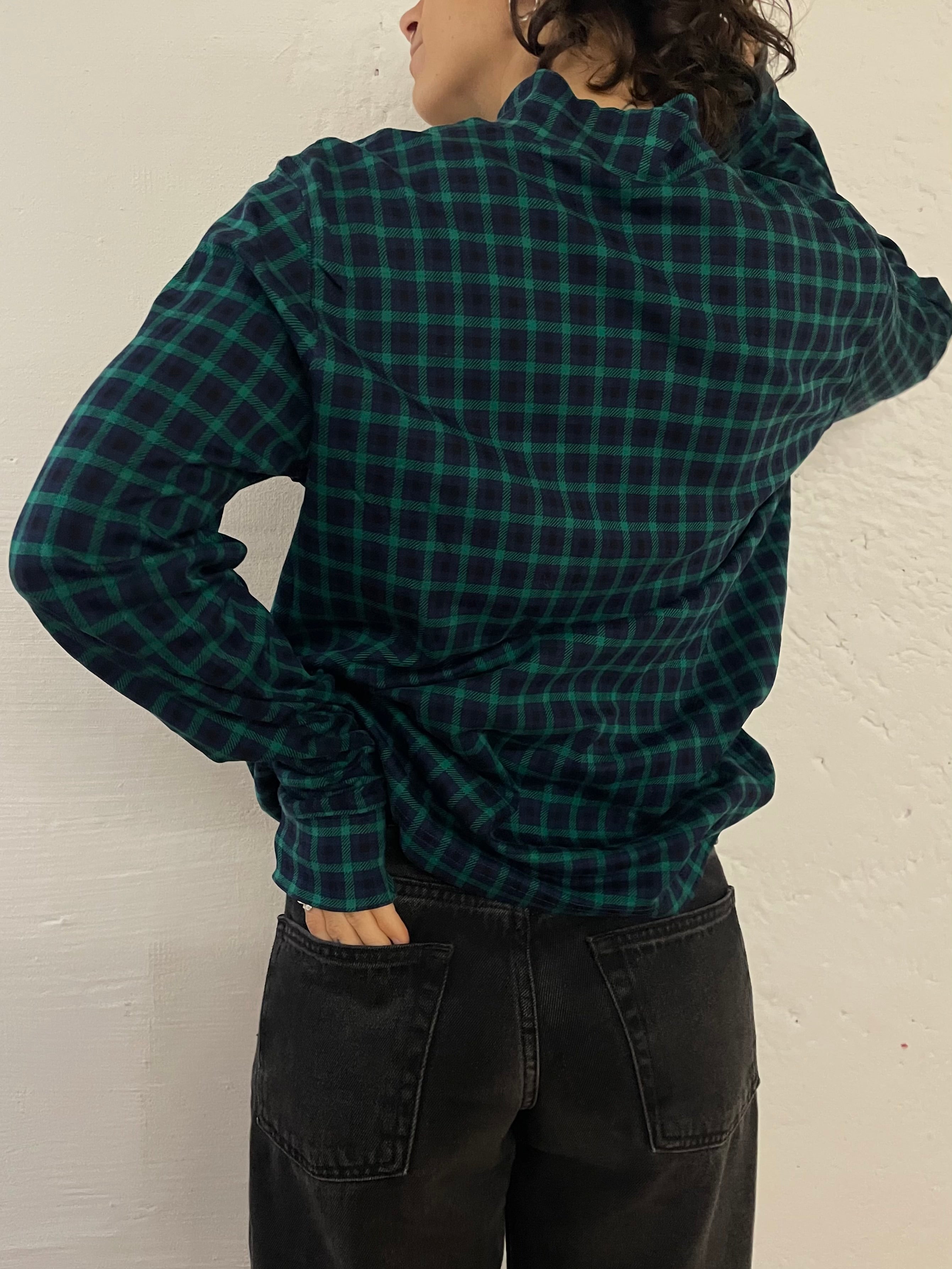 Vintage Lands’ End Checked Long Sleeve Shirt Turtleneck Collar Green & Black – M