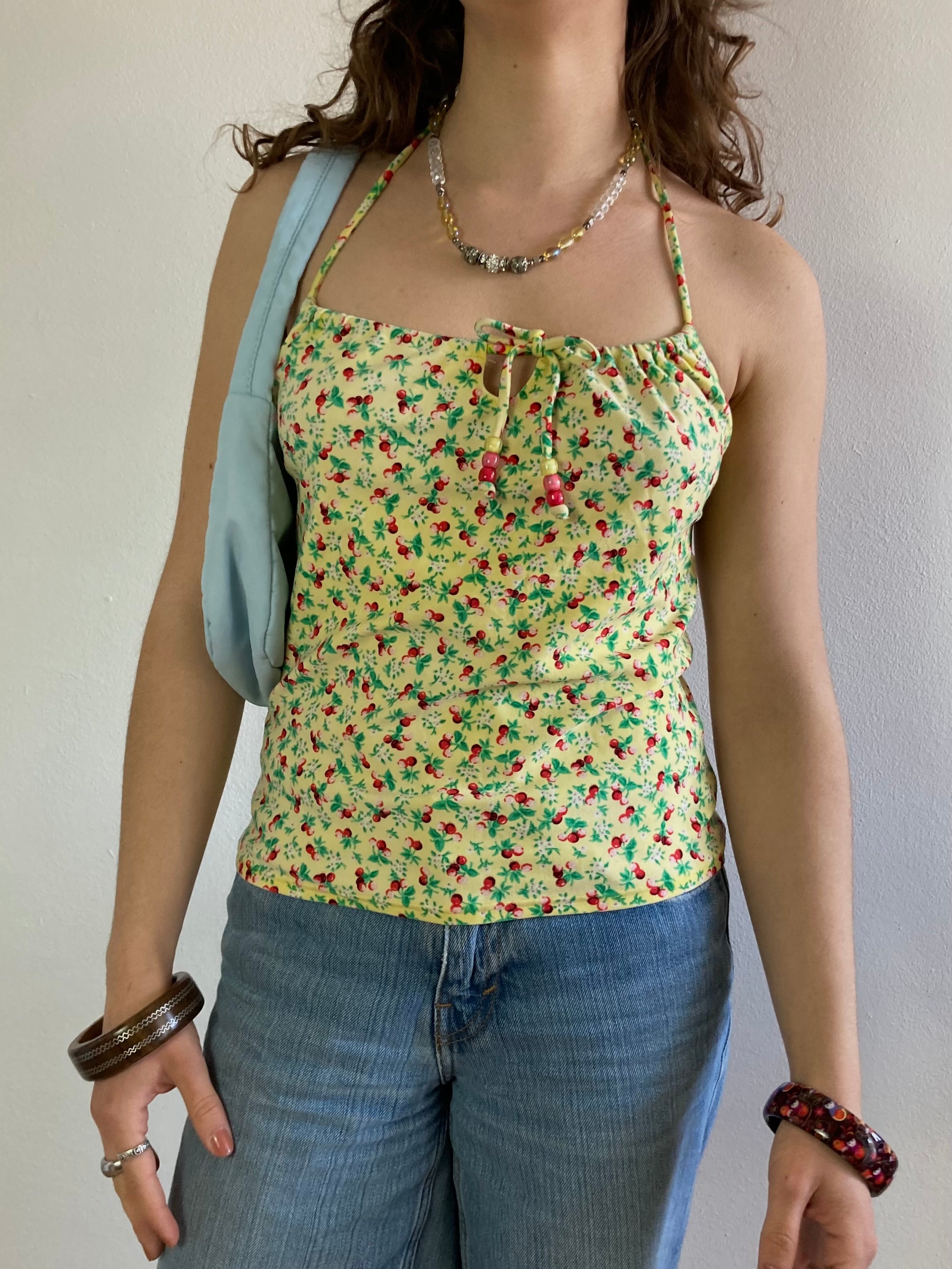 Top Vintage Yellow Elastic Cherry Beaded Summer Women – S