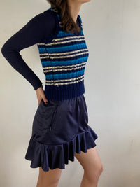 Vest Vintage Striped Wool Layering Blue White Black Unisex Knit – M