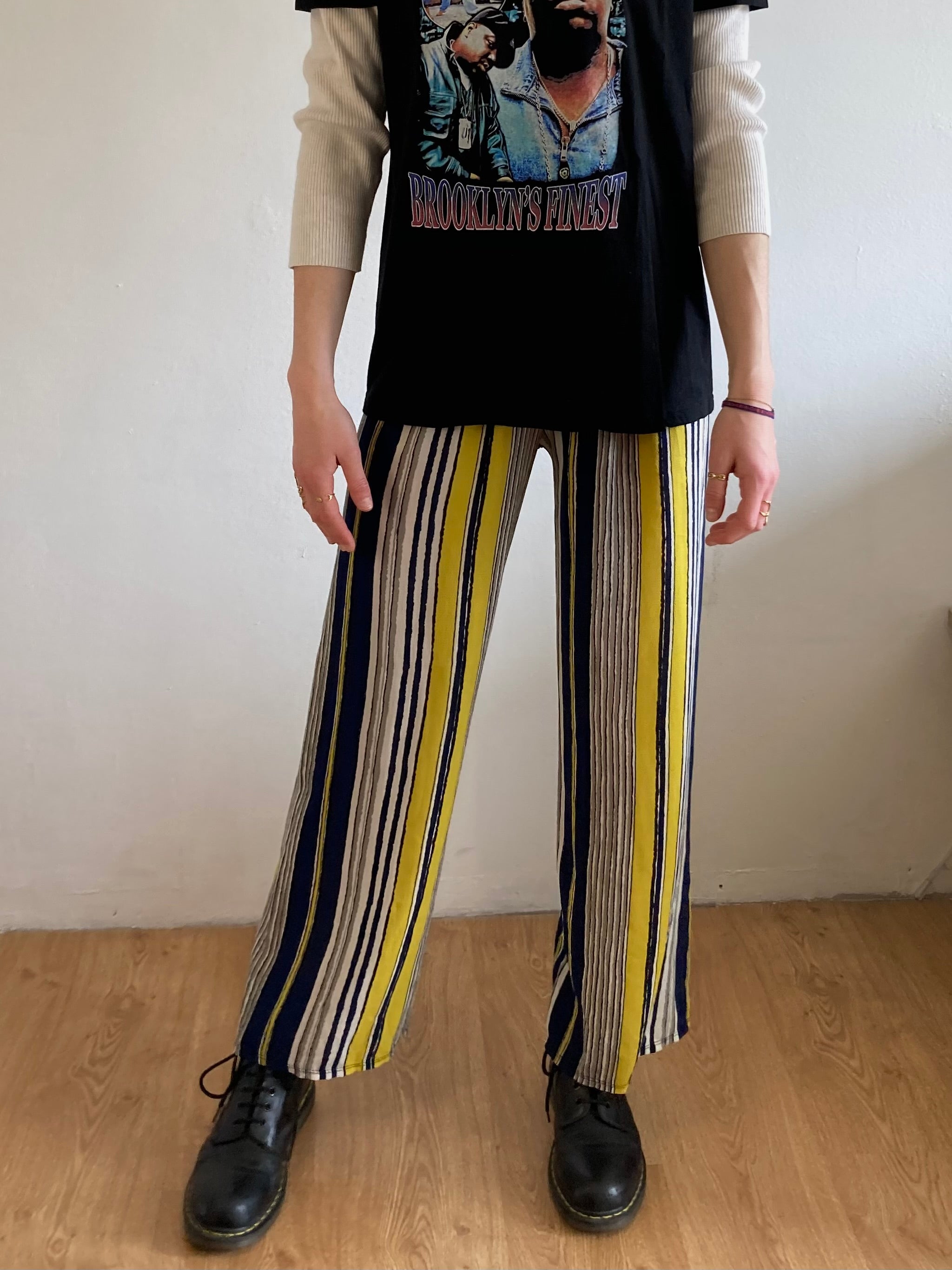 Trousers Vintage Straight Leg Striped Elastic Waist Unisex – M/L