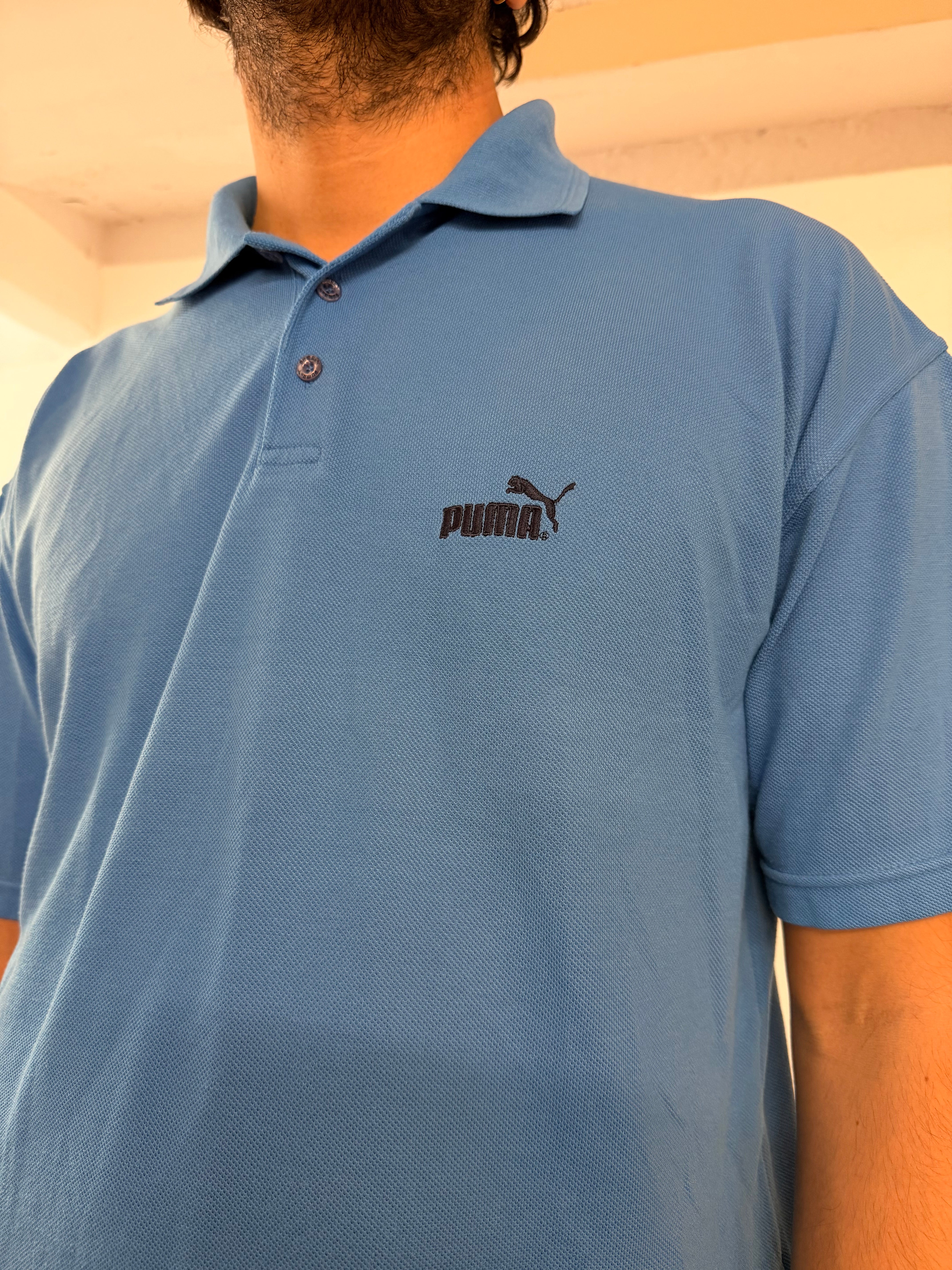 Vintage Polo T-Shirt Puma Blue Short Sleeve with Front Logo Unisex – L